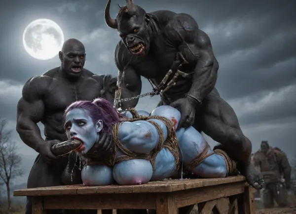 female drow elf barbarian, (dark night blue skin:1.82), tall, angry, busty, curvy, thin waist, big boobs, big butt, slim, athletic, fit, vitiligo, strong, fur pelt armor, dungeons and dragons, purplish blue skin, black and purple hair, Dark, Elf, Warrior, Drow, tattooed, scarred, purple eyes, uberfit, muscular, blue skin, amazon, giant, fur barbarian armor, bloody, blood spatter, bear, bear heart, (in a bloody filed after a battle, white full moon in the sky:1.4), (man is choking her from behind:1.4), ((hogtied, bound with large chains, tied to a torture table:1.3)), cock in mouth, (brutal face fuck), Blowjob, (tears in eyes:1.5), (running makeup), (cum drips from nose:1.3), (cum drips from mouth:1.3), ultra hd, photorealistic, hyper gigantic large black cock in mouth, (((hyper gigantic large black cock in mouth:1.3))), oral cream pie, hair grab, sad, sad crying, tongue out, gasping for air, zavy-brbrn, gangbang, double anal penetration, anal spitroast, groupsex, deepthroat, (4 gigantic African black brute thug, huge trunklike arms, huge head, hyper muscular body, dressed in slave clothes:1.36), (gigantic African black brute thug, gangbang, double anal, anal spit roast, double penetration:1.18), ((hogtied, bound for sex, tied up)), (((hyper gigantic large white cock in mouth:1.3))), (pulled nipples:1.2), nipple clamps, (((spit roast))), (((hyper large cock in mouth:1.3))), screaming, shocked, deep anal penetration, Uber realistic, 8k, ultra detailed, masterpiece, 35mm photograph, film, professional, 4k, 1girl, 5 boys, hdr, photographic, ultra realistic, ultra high details, back light, (front view), (dynamic pose), best quality, anal sex, with large muscular black men, gargantuan black cocks, anal sex expansion, large hyper muscular fat old men, (double anal sex), swollen white veiny cocks, (double anal penetration), hardcore double penetration, proper physics, big white cocks, muscular white double anal gangbang, (forceful penetrations), extremely graphic, shocked expression, beautiful hands, massive cum in ass defeating a woman in combat, fighting, killing, blood, winning fight, magazine cover, Realism_Quality_2xx_By_Stable_Yogi, score_9, score_8_up, score_7_up, (((very pretty face:1.3))), (((extremely ultra detailed face:1.3))), perfect fingers and hands, upper body view, (extreme size difference:1.6), (ultra realistic), (maximum quality), (high resolution), (extreme detail), (ultra realism), UHD, super high quality, highly detailed, high resolution, perfect lighting, natural lighting, (dynamic angle), (random angle), (random pose), (dynamic view), (random view), volumetric lighting, golden hour lighting, dramatic shadows, rich details, nature-inspired color palette, <lora:Dark_Elf_Warrior:1>, <lora:Drow:.9>, <lora:339100_training_data:.8>, <lora:uberfit_lora_sdxl:.8>, <lora:zavy-brbrn-sdxl:.8>