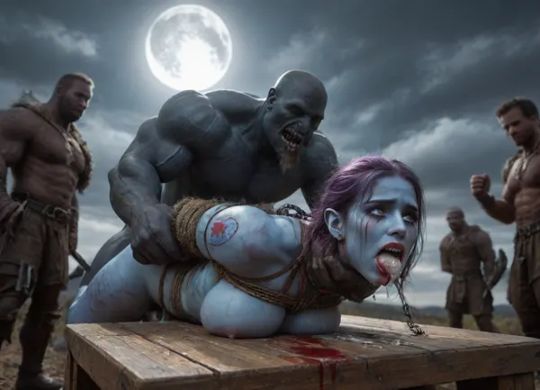 female drow elf barbarian, (dark night blue skin:1.82), tall, angry, busty, curvy, thin waist, big boobs, big butt, slim, athletic, fit, vitiligo, strong, fur pelt armor, dungeons and dragons, purplish blue skin, black and purple hair, Dark, Elf, Warrior, Drow, tattooed, scarred, purple eyes, uberfit, muscular, blue skin, amazon, giant, fur barbarian armor, bloody, blood spatter, bear, bear heart, (in a bloody filed after a battle, white full moon in the sky:1.4), (man is choking her from behind:1.4), ((hogtied, bound with large chains, tied to a torture table:1.3)), cock in mouth, (brutal face fuck), Blowjob, (tears in eyes:1.5), (running makeup), (cum drips from nose:1.3), (cum drips from mouth:1.3), ultra hd, photorealistic, hyper gigantic large black cock in mouth, (((hyper gigantic large black cock in mouth:1.3))), oral cream pie, hair grab, sad, sad crying, tongue out, gasping for air, zavy-brbrn, gangbang, double anal penetration, anal spitroast, groupsex, deepthroat, (4 gigantic African black brute thug, huge trunklike arms, huge head, hyper muscular body, dressed in slave clothes:1.2), ((hogtied, bound for sex, tied up)), (((hyper gigantic large white cock in mouth:1.3))), (pulled nipples:1.2), nipple clamps, (((spitroast))), (((hyper large cock in mouth:1.3))), screaming, shocked, deep anal penetration, Uber realistic, 8k, ultra detailed, masterpiece, arched back, detailxl, 35mm photograph, film, professional, 4k, 1girl, 5 boys, hdr, photographic, ultra realistic, ultra high details, back light, (front view), (dynamic pose), best quality, incredibly lean body, anal sex, with large muscular black men, gargantuan black cocks, anal sex expansion, large hyper muscular fat old men, (double anal sex), swollen white veiny cocks, (double anal penetration), hardcore double penetration, proper physics, big white cocks, muscular white double anal gangbang, (forceful penetrations), extremely graphic, shocked expression, beautiful hands, massive cum in ass defeating a woman in combat, fighting, killing, blood, winning fight, magazine cover, Realism_Quality_2xx_By_Stable_Yogi, score_9, score_8_up, score_7_up, (((very pretty face:1.3))), (((extremely ultra detailed face:1.3))), perfect fingers and hands, upper body view, (extreme size difference:1.6), (ultra realistic), (maximum quality), (high resolution), (extreme detail), (ultra realism), UHD, super high quality, highly detailed, high resolution, perfect lighting, natural lighting, (dynamic angle), (random angle), (random pose), (dynamic view), (random view), volumetric lighting, golden hour lighting, dramatic shadows, rich details, nature-inspired color palette, <lora:Dark_Elf_Warrior:1.3>, <lora:Drow:1.3>, <lora:339100_training_data:1.3>, <lora:uberfit_lora_sdxl:1.3>, <lora:zavy-brbrn-sdxl:1.3>