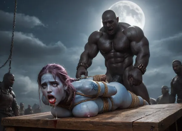 female drow elf barbarian, (dark night blue skin:1.82), tall, angry, busty, curvy, thin waist, big boobs, big butt, slim, athletic, fit, vitiligo, strong, fur pelt armor, dungeons and dragons, purplish blue skin, black and purple hair, Dark, Elf, Warrior, Drow, tattooed, scarred, purple eyes, uberfit, muscular, blue skin, amazon, giant, fur barbarian armor, bloody, blood spatter, bear, bear heart, (in a bloody filed after a battle, white full moon in the sky:1.4), (man is choking her from behind:1.4), ((hogtied, bound with large chains, tied to a torture table:1.3)), cock in mouth, (brutal face fuck), Blowjob, (tears in eyes:1.5), (running makeup), (cum drips from nose:1.3), (cum drips from mouth:1.3), ultra hd, photorealistic, hyper gigantic large black cock in mouth, (((hyper gigantic large black cock in mouth:1.3))), oral cream pie, hair grab, sad, sad crying, tongue out, gasping for air, zavy-brbrn, gangbang, double anal penetration, anal spitroast, groupsex, deepthroat, (4 gigantic African black brute thug, huge trunklike arms, huge head, hyper muscular body, dressed in slave clothes:1.2), ((hogtied, bound for sex, tied up)), (((hyper gigantic large white cock in mouth:1.3))), (pulled nipples:1.2), nipple clamps, (((spitroast))), (((hyper large cock in mouth:1.3))), screaming, shocked, deep anal penetration, Uber realistic, 8k, ultra detailed, masterpiece, arched back, detailxl, 35mm photograph, film, professional, 4k, 1girl, 5 boys, hdr, photographic, ultra realistic, ultra high details, back light, (front view), (dynamic pose), best quality, incredibly lean body, anal sex, with large muscular black men, gargantuan black cocks, anal sex expansion, large hyper muscular fat old men, (double anal sex), swollen white veiny cocks, (double anal penetration), hardcore double penetration, proper physics, big white cocks, muscular white double anal gangbang, (forceful penetrations), extremely graphic, shocked expression, beautiful hands, massive cum in ass defeating a woman in combat, fighting, killing, blood, winning fight, magazine cover, Realism_Quality_2xx_By_Stable_Yogi, score_9, score_8_up, score_7_up, (((very pretty face:1.3))), (((extremely ultra detailed face:1.3))), perfect fingers and hands, upper body view, (extreme size difference:1.6), (ultra realistic), (maximum quality), (high resolution), (extreme detail), (ultra realism), UHD, super high quality, highly detailed, high resolution, perfect lighting, natural lighting, (dynamic angle), (random angle), (random pose), (dynamic view), (random view), volumetric lighting, golden hour lighting, dramatic shadows, rich details, nature-inspired color palette, <lora:Dark_Elf_Warrior:1.3>, <lora:Drow:1.3>, <lora:339100_training_data:1.3>, <lora:uberfit_lora_sdxl:1.3>, <lora:zavy-brbrn-sdxl:1.3>