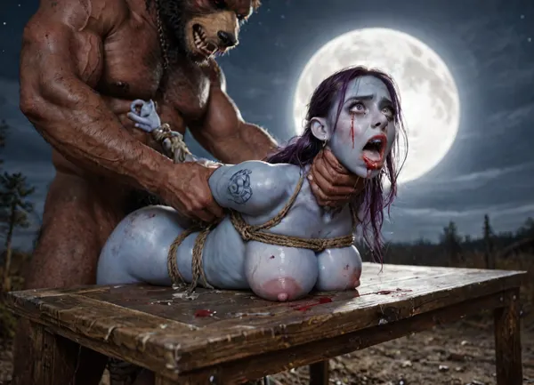 wide full body shot, female drow elf barbarian, (dark night blue skin:1.82), tall, angry, busty, curvy, thin waist, big boobs, big butt, slim, fit, vitiligo, strong, fur pelt armor, dungeons and dragons, purplish blue skin, black and purple hair, tattooed, scarred, purple eyes, blue skin, amazon, giant, fur barbarian armor, bloody, blood spatter, bear, bear heart, (in a bloody filed after a battle, white full moon in the sky:1.4), (man is choking her from behind:1.4), ((hogtied, bound with large chains, tied to a torture table:1.3)), (cock in mouth), (brutal face fuck), Blowjob, (tears in eyes:1.5), (running makeup), (cum drips from nose:1.3), (cum drips from mouth:1.3), ultra hd, photorealistic, hyper gigantic large black cock in mouth, (((hyper gigantic large black cock in mouth:1.3))), oral cream pie, hair grab, sad, sad crying, tongue out, gasping for air, gangbang, double anal penetration, anal spitroast, groupsex, deepthroat, (4 gigantic African black brute thug, huge trunklike arms, huge head, hyper muscular body, dressed in slave clothes:1.2), defeating a woman in combat, fighting, killing, blood, winning fight, magazine cover, Realism_Quality_2xx_By_Stable_Yogi, score_9, score_8_up, score_7_up, (((very pretty face:1.3))), (((extremely ultra detailed face:1.3))), perfect fingers and hands, upper body view, (extreme size difference:1.6), (ultra realistic), (maximum quality), (high resolution), (extreme detail), (ultra realism), UHD, super high quality, highly detailed, high resolution, perfect lighting, natural lighting, Uber realistic, ultra detailed, masterpiece, 35mm photograph, film, professional, 4k, hdr, photographic, ultra realistic, ultra high details, back light, (dynamic pose), (dynamic angle), (random angle), (random pose), (dynamic view), (random view), best quality, volumetric lighting, golden hour lighting, dramatic shadows, rich details, nature-inspired color palette, hyperrealistic, 8K, BadX, dvr-shrp, Stable-Yogis-Makeup-Enhancer-XL, porn photoshoot, detailed skin, on the roof, steam locomotive, steampunk, fog, steam, blushing, DETAILED background, spectacular lighting, (eyes wide open in horror:1.24), (wide mouth spreader:1.5), (pleading expression:1.18), (terrified:1.12), (crying:1.12), (fear and panic:1.18), UHD 8K, (full body photograph:1.1), Movie, Still, Film, Cinematic, Shot, (huge dick), (creamy deep deepthroat:1.12), (extreme oral sex:1.4), (huge massive white dick:1.4), (cum), (hands holding hair), Lighting, <lora:detailed_notrigger:2>, <lora:add-detail-xl:2>, <lora:677862_training_data:2>, <lora:LCMTurboMix_Euler_A_fix:2>, <lora:JuggerCineXL2:2>