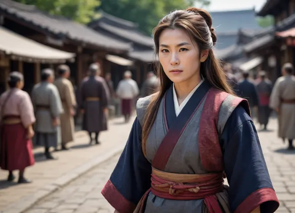 Old, mature samurai warrior woman, traditional samurai clothing, very long, wise hair, walking in a village market square.
