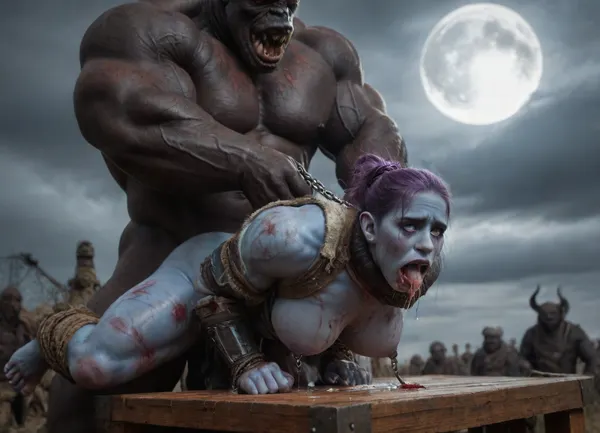female drow elf barbarian, (dark night blue skin:1.82), tall, angry, busty, curvy, thin waist, big boobs, big butt, slim, athletic, fit, vitiligo, strong, fur pelt armor, dungeons and dragons, purplish blue skin, black and purple hair, Dark, Elf, Warrior, Drow, tattooed, scarred, purple eyes, uberfit, muscular, blue skin, amazon, giant, fur barbarian armor, bloody, blood spatter, bear, bear heart, (in a bloody filed after a battle, white full moon in the sky:1.4), (man is choking her from behind:1.4), ((hogtied, bound with large chains, tied to a torture table:1.3)), cock in mouth, (brutal face fuck), Blowjob, (tears in eyes:1.5), (running makeup), (cum drips from nose:1.3), (cum drips from mouth:1.3), ultra hd, photorealistic, hyper gigantic large black cock in mouth, (((hyper gigantic large black cock in mouth:1.3))), oral cream pie, hair grab, sad, sad crying, tongue out, gasping for air, zavy-brbrn, gangbang, double anal penetration, anal spitroast, groupsex, deepthroat, (4 gigantic African black brute thug, huge trunklike arms, huge head, hyper muscular body, dressed in slave clothes:1.36), (gigantic African black brute thug, gangbang, double anal, anal spit roast, double penetration:1.18), ((hogtied, bound for sex, tied up)), (((hyper gigantic large white cock in mouth:1.3))), (pulled nipples:1.2), nipple clamps, (((spit roast))), (((hyper large cock in mouth:1.3))), screaming, shocked, deep anal penetration, Uber realistic, 8k, ultra detailed, masterpiece, 35mm photograph, film, professional, 4k, 1girl, 5 boys, hdr, photographic, ultra realistic, ultra high details, back light, (front view), (dynamic pose), best quality, anal sex, with large muscular black men, gargantuan black cocks, anal sex expansion, large hyper muscular fat old men, (double anal sex), swollen white veiny cocks, (double anal penetration), hardcore double penetration, proper physics, big white cocks, muscular white double anal gangbang, (forceful penetrations), extremely graphic, shocked expression, beautiful hands, massive cum in ass defeating a woman in combat, fighting, killing, blood, winning fight, magazine cover, Realism_Quality_2xx_By_Stable_Yogi, score_9, score_8_up, score_7_up, (((very pretty face:1.3))), (((extremely ultra detailed face:1.3))), perfect fingers and hands, upper body view, (extreme size difference:1.6), (ultra realistic), (maximum quality), (high resolution), (extreme detail), (ultra realism), UHD, super high quality, highly detailed, high resolution, perfect lighting, natural lighting, (dynamic angle), (random angle), (random pose), (dynamic view), (random view), volumetric lighting, golden hour lighting, dramatic shadows, rich details, nature-inspired color palette, <lora:Dark_Elf_Warrior:1>, <lora:Drow:.9>, <lora:339100_training_data:.8>, <lora:uberfit_lora_sdxl:.8>, <lora:zavy-brbrn-sdxl:.8>