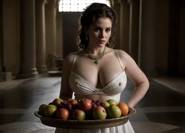 three gorgeous 30 years old women, (((Roman Greek servant slave girls))), (((chubby busty:1.5))), (((pale skin dark brunette))), (((wearing a white long highly embellished split skirt:1.3))), huge massive cleavage, massive upturned teardrop tits, big nipples, topless, thighs showing through split skirt, happy, smiling at viewer, beautiful detailed eyes, depth blur, key visual, vibrant, highly detailed, curly ringlet hair in bun, necklace, jewelry, (white slave choker:1.3), very big earrings, makeup, (((huge massive tits:1.5))), in a Roman palace, marble fountain, half view, (((carrying, holding a platter of fruit:1.5))), <lora:dark:.8>