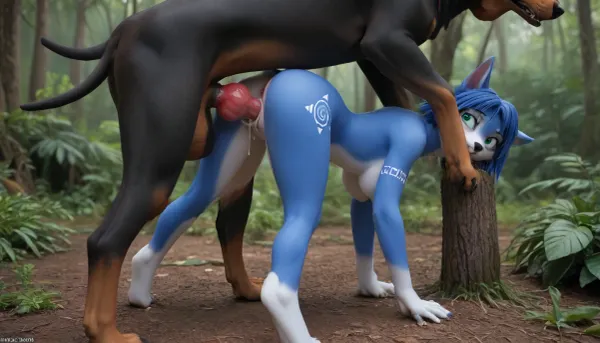 furry Krystal Star, cry, curvy body, thin waist, perky tits, scared facial expression, toned butt, (feral Doberman with knotted caninecock fucking Krystal in the pussy sex), pussy creampie, very much cum in pussy, bent over position, jungle setting, cartoon animation styling, AissistXLv2, <lora:merratatustle_illustrious_v1_vpred:.8>