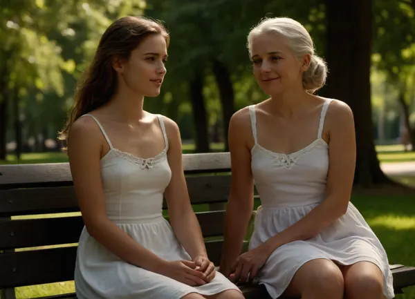 front view, ((1 very beautiful 18yo woman wearing an extremely short white sundress sitting on a bench in sunny park with stark naked elderly female woman)), medium brunette, questioning smile, tanned, narrow waist, medium breasts, CN, Girl6, clothes, braless, Wearing, that, make, sense, with, Braless>, NEGATIVE_HANDS, <lora:Midjourney Image Enhancer XL v1:.8>, <lora:add-detail-xl:.8>, <lora:Picture_enhancer:.8>, <lora:bralessSDXL_v1_00022:.8>