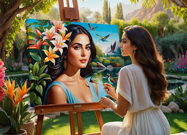 Illustration of a dynamic scene, hyperrealistic, (double exposure), ((picture within a picture)), depicting a beautiful Iranian female artist kneeling in front of a large wooden easel on canvas depicting a paradise garden, ((double exposure)), the canvas depicts fragrant paradise flowers, fluttering birds of paradise, brightly colored fruit trees, peacefully grazing animals, ponds, an artist with pronounced Iranian features, close-up, holding a paintbrush in her hand, sitting in front of the Garden of Eden already painted on the canvas, (eyes wide open:1.3), bright soft daylight, clear details, 8K quality.