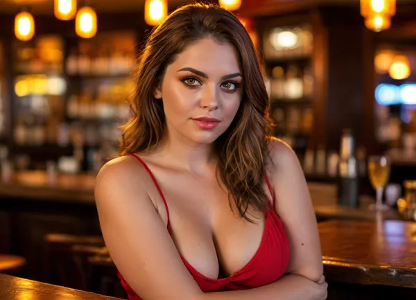 45° sideview, 20 feet away, medium shot, three seductive captivating 55 year old mature women sitting at bar stools, laughing and flirting with viewer, one woman touches her hair, the milf on the left raises her glass of wine, (chubby body), mature milf, shoulder-length brown hair with gray highlights, captivating amber eyes, sexy grin, second woman, obese body, long brown hair, blue eyes, playful wink, ((well-lit cocktail bar)), tight tops, high-waist skirts, seductive expressions, focus on eyes, third woman is a curvy mature Armenian woman with auburn hair, she is positioned in the middle, she has a sexy naughty expression with her mouth open, bowed-lips, lips parted, perfect teeth, plump lips, big lips, juicy lips, full lips, lipstick, no makeup, natural look, Intense gaze, intense seductive eye contact with the viewer, (striking bright Amber eyes:1.5), sexy orgasm facial expression, <lora:MJ52:.5>