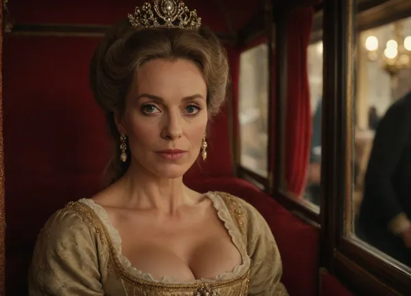 (hyperréaliste), superbe marquise de 50 ans du 16ème siècle en France, cleavage, detailed face, detailed eyes, full body view, in a royal carriage
