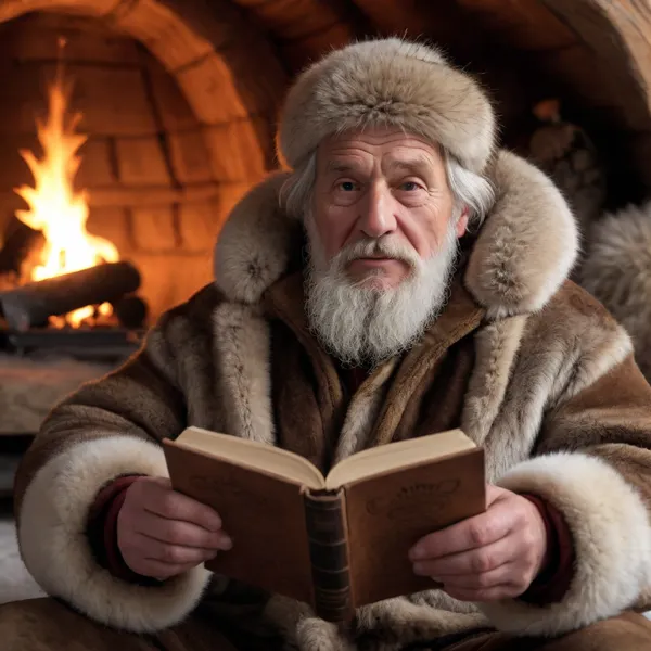 UHD, luxurious details, perfect high contrast, no noise. An old Russian man from Siberia tells an epic tale with a book in his hand, (in Siberian fur attire), 1.5, in the warmth of a, (winter stove), (he tells an epic story to the viewer, (dressed in a fur suit), (in an igloo))
