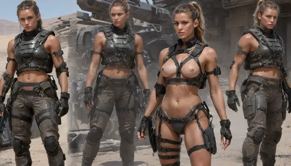 sexy nude body, deeply tanned, hair in a ponytail, slutty ouftit, transparend clothes, realistic eyes, realistic oiled skin, uniform futuristic, no pants, (((combat harnesses))), Topless, bikini, leg guard, elbow guard, gauntlet, gray hoodies that let her see her bare stomach, small armor, camouflage, nude bare thigh, nude bare arm., point finger., Tactical Rifle different poses, Famas Assault Rifle, ((Desert war setting)), Plate, carrier, combat belt tactical, OCP, wkas, with, a, a man / a woman army, nude suit, helmet, harness, garter, straps, cupless, bra, <lora:wkas:.1>, <lora:Mecha_Ggorgeous_Armor-000011:.8>, <lora:230394_training_data:.6>, <lora:StarshipTroopers1024:1>, <lora:Harness_Straps_sdxl:.6>