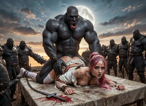 8K, masterpiece, ultra HD, ultra realistic, best quality, full body view, details, high quality, Perfect petite, slender, nordic, beautiful, 19yo blonde girl, barely legal, shy, innocent, sensual, erotic, alluring, (oily wet skin:1.5), (slender:1.6), amazing quality, explicit, (young:1.4), dark pink hair, high ponytail, long ponytail, (blue eyes), round glasses, pink eyebrows, eyelashes, small round tits, looking at viewer, ((wet Skin)), (unbuttoned skirt, cleavage, slipping off shoulders, white stockings), legs slightly spread, teasing expression, (cum on glasses, cum on hair, cum on face, cum on tits, cum on thighs, cum on sheets:1.2), tattooed, scarred, purple eyes, blue skin, amazon, giant, fur barbarian armor, bloody, blood spatter, bear, (in a bloody filed after a battle, white full moon in the sky:1.4), (man is choking her from behind:1.2), ((hogtied, bound with large chains, crucified to a torture table, spikes through hands:1.3)), (torture:1.32), (large sharp sword in anus:1.12), cock in mouth, (brutal face fuck), Blowjob, (tears in eyes:1.5), (running makeup), (cum drips from mouth:1.3), ultra hd, photorealistic, hyper gigantic large black cock in mouth, (((hyper gigantic large black cock in mouth:1.3))), oral cream pie, hair grab, sad crying, tongue out, gasping for air, zavy-brbrn, gangbang, double anal penetration, anal spitroast, groupsex, deepthroat, (4 gigantic African black brute thug, huge trunklike arms, huge head, hyper muscular body, dressed in slave clothes:1.64), ((hogtied, bound for sex, tied up)), (((large white cock in mouth:1.3))), (pulled nipples:1.2), nipple clamps, (((spitroast))), (((massive cock in mouth:1.3))), screaming, shocked, deep anal penetration, Uber realistic, 8k, ultra detailed, arched back, detailxl, 35mm photograph, film, professional, 4k, 1girl, 5 boys, hdr, photographic, ultra high details, back light, (front view), (dynamic pose), incredibly lean body, anal sex, with large muscular black men, gargantuan black cocks, large hyper muscular fat old men, (double anal sex), swollen white veiny cocks, (double anal penetration), hardcore double penetration, proper physics, big white cocks, muscular white double anal gangbang, extremely graphic, shocked expression, beautiful hands, magazine cover, Realism_Quality_2xx_By_Stable_Yogi, score_9, score_8_up, score_7_up, (((very pretty face:1.3))), (((extremely ultra detailed face:1.3))), perfect fingers and hands, upper body view, (extreme size difference:1.32), (ultra realistic), (maximum quality), (high resolution), (extreme detail), (ultra realism), UHD, super high quality, highly detailed, high resolution, perfect lighting, natural lighting, (dynamic angle), (random angle), (random pose), (dynamic view), (random view), golden hour, rich details, nature-inspired color palette, <lora:Dark_Elf_Warrior:2>, <lora:Drow:2>, <lora:339100_training_data:2>, <lora:zavy-brbrn-sdxl:2>, <lora:LCMTurboMix_Euler_A_fix:2>