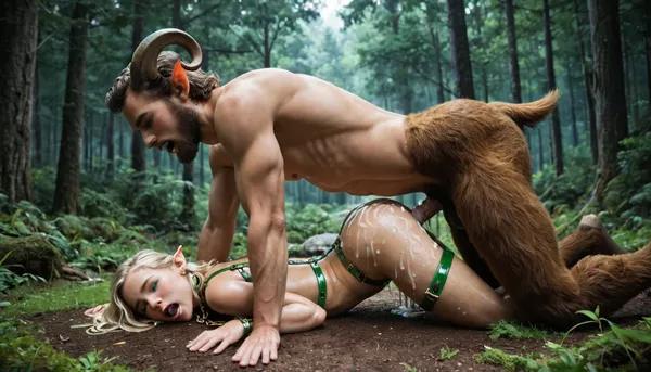 (panoramic), 8K UHD, realistic masterpiece, maximum quality, maximum details, maximum realism, score 9, score 8 up, score 7 up, side view, night, (forest:1.5), ((satyr:1.3), vaginal), (elf, blonde), top down, bottom up, screaming, cum on ass, cum on vagina, (crotchless metallic green bodysuit), (latex harness, gold high heel boots), (wrists shackled behind back:1.1), Endless_Up_SDXL_Neg, detailxl