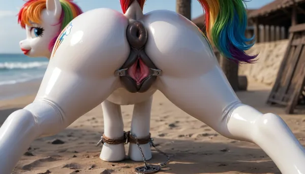 ((ultra-realistic)), (((bright contrasting picture))), ((hyper-detailed)), best quality, masterpiece, soft lighting, soft shadows, ((high quality)), (((Resolution 50k))), ((Pony)), (((((my little Pony Big Love))))), (((((my little pony BDSM clamps spread pussy))))), (the seductive Pony is looking back), beach, very big plump round ass, long lush hair, long big fluffy tail, ((black shiny anus)), thick big thighs, Pony tail, (((Pony black pussy))), tail up, (((white shiny Latex Pony))), shiny butts, ((The Pony is smiling)), the butt is raised high up, Pony spread its hind hooves wide, multicolored hair, rainbow hair, ((big thick lips)), ((large thick labia hanging down)), (big black thick anus), ((Pony has a round ass)), (((A pony stands alone in the distance on the beach))), LaDy_01, Long, hair, spread, pussy, <lora:DetailedEyes_V3:2>, <lora:add-detail-xl:2>, <lora:391479_training_data:1>, <lora:SDXL_long_hair_Sa_May:1>