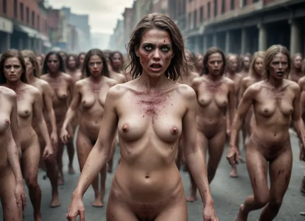 a horde of zombie women, nude, full body, horde, destroyed city, angry, coming towards you, different races of women