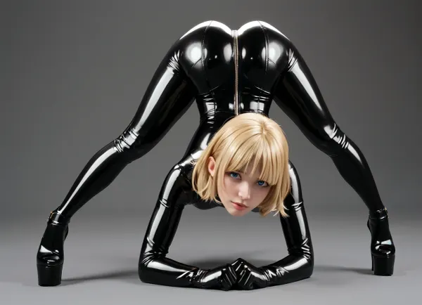 1girl, solo, ass, bodysuit, blonde_hair, platform_footwear, high_heels, all_fours, platform_heels, long_hair, latex, skin_tight, black_bodysuit, simple_background, full_body, top-down_bottom-up