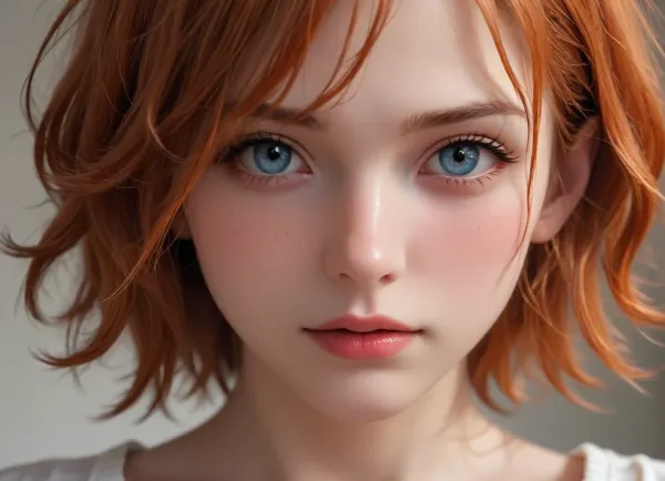 Ethereal Aura, light and shadows, dominant, striking woman, red/orange hair, commanding presence, messy hair.