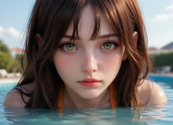 1 purple Skin Girl, 1 Green Skin Girl, 1 Red Skin Girl, Pool, Extremely Long Hair, Orange Swimsuits, perfect eyes.