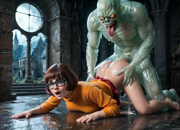 ((1 scary looking transparent monster)), sex, Velma Dinkley, in an abandoned castle with no roof, raining inside, moonless night, ((clothes torn in multiple places)), on all fours on the floor, fucked by a transparent monster, with a huge transparent cock, doggy style, creampie, wet body, wet hair, detailed background