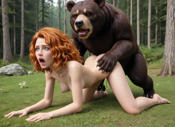 Merida, puffy nipples, skinny, giant bear fuck, zoophilia, screaming, giant bear cock, shaking ass, doggy style, deep fuck, forest