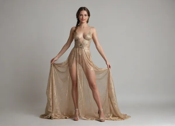 Full body shot, (standing model posing spread legs), (view from front1.5), tall A woman dressed in a stunning, intricately designed transparent gown that clings to her figure, showcasing her elegant silhouette., (very long slender legs), The transparent gown is a masterpiece of craftsmanship, adorned with shimmering gold embroidery that forms delicate, ornate patterns across the transparent fabric. Her hair is styled in a sophisticated updo, with braids woven into a gold brilliants crown. She wears big earrings that dangle elegantly, adding a touch of sparkle that mirrors the intricate details of her transparent dress, This attire perfectly compliments her athletic, toned body and smooth pussy, full body shot, intense lighting, dynamic, perfect, digital painting, burlesque, shabby chic, fine art, epic, Boho gypsy, marquise, duchesse, dark fantasy, digital illustration, extreme detail, digital art, 4k, ultra hd, Anna Dittmann, Alyssa Monks, Gustave Dore, Jean Baptiste Monge, hyperrealism, trending on artstation, vintage photography, tumblr aesthetic, hd photography, (slutty smirk), beautiful, intricate digital painting