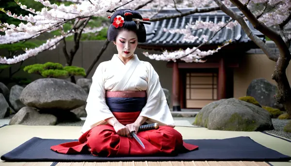 night, full moon, Japanese rock garden surrounded by blooming sakura trees, old geisha, pretty, 60 years old granny woman, gilf, in a black transparent Mofucu, traditional Japanese geisha hairstyle, traditional makeup, kneeling on a mat, kimono lowered from her shoulders, breasts and stomach exposed, large heavy very saggy wrinkled flabby breasts, geisha holding a tanto, (traditional hara-kiri knife), expression of calm and tranquility on the face, completely concentrated, preparing to rip open herself stomach, seppuku, hara-kiri, full body in frame