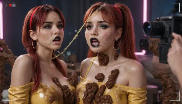 best quality, ultra-detailed, masterpiece, photorealistic, finely detailed, highres, 2 girls, highly detailed narrow goth faces, many large tattoos, view from below, perfect anatomy, perfect face, (sad), (painful expression:1.5), ((other people watching)), sad, woman has slim waist, slutty thick ruined black makeup, black lipstick, open mouth, blue long pigtails, (red round earrings, red hair band), skin-tight covered off-the-shoulder yellow latex shirt covering large breasts, (tons of shit and cum on face and shoulders:1.5), bukkake, (lots of shit on girl:1.3), blue tight latex pleated skirt, (video cameras), (displays show current live footage of the porn recordings), cock and balls with both girl's hands with red painted fingernails gripping huge cock, (2 massive penises:1.3), (pissing:1.9), huge testicles, massive style penis, (setting is a porn film set in a tacky love hotel with plusch), (red and pink neon lights), Love, Hotel, neon lights, <lora:Dramatic_penis_SDXL:.4>