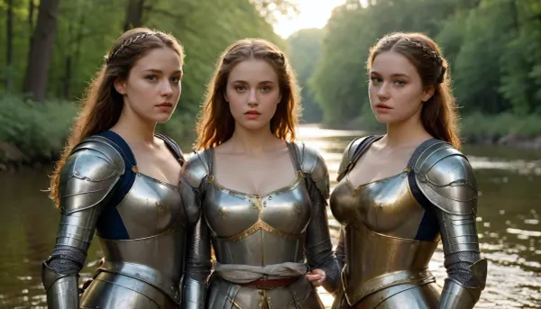 Photorealistic, dramatic scene, cinematic, erotic scene, 3women, three women, 1400s France, in a forest outside Paris, on the banks of the Seine River, sunset through the trees, golden hour, golden light, three beautiful young female knights in suits of armor, large perky breasts, they are dirty and sweaty as they prepare to bathe in the river, all three female knights are beautiful 21-year-olds and virgins, they are secret lesbians, their lust and desire for each other is visible, Realistic faces, beautiful faces, gorgeous faces, natural faces, green, eyes, blue, brown, perfecteyes, <lora:PerfectEyesXL:.8>
