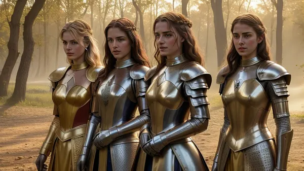 Photorealistic, dramatic scene, cinematic, erotic scene, 3women, three women, 1400s France, in a forest outside Paris, on the banks of the Seine River, sunset through the trees, golden hour, golden light, three beautiful young female knights in suits of armor, large perky breasts, they are dirty and sweaty as they prepare to bathe in the river, all three female knights are beautiful 21-year-olds and virgins, they are secret lesbians, their lust and desire for each other is visible, Realistic faces, beautiful faces, gorgeous faces, natural faces, green, eyes, blue, brown, perfecteyes