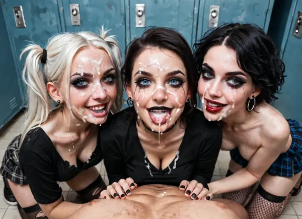 (goth girl, emo girl, multiple women), pale skin, changing room, (smirk face:1.1), pale white skin, (wide eyes:1.1), (looking up at viewer), (white hair), messy hair, pigtails, (top down view:1.4), black shirt, goth makeup, goth clothes, smeared makeup, running eyeliner, smeared eyeliner, torn fishnet stockings, plaid skirt, cleavage, torn clothes, small breast, perky breasts, skinny face, sharp face features, skinny legs, small ass, (hands cupped together filled with cum:1.3), skinny thighs, shaved pussy, (cum on face:1.5), (excessive cum leaking from mouth on to chest:1.1), (excessive cum leaking from pussy:1.1), cum on pussy, kneeling, lifting skirt, used condoms, running, dribble, from, tongue, tears, in, mouth, chin, nose, lip, forehead, lipstick, smear, crying, gagged, gagging, oral, invitation, after, fellatio, cum, on, face, cumshot, cumfacial, facial