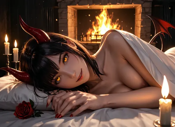 masterpiece, best quality, highly detailed, (anime:1.2), BREAK, (close up of face:1.2), ((pov lying on side in bed extremely close to a gorgeous 25 year old white succubus with demonic, wings, horns, tail)), (solo), (nude, she is under the covers and in bed with viewer, lying extremely close to viewer, succubus grabbing viewer), (succubus has long black hair bob haircut), (wide open orange eyes), (5 fingers, perfect fingers:1), natural b cup boobs, slim, athletic, gymnast body, smiling, aroused, horny, (extremely dim lighting with source only from candles, darkness, extremely dark room, romantic atmosphere:1.4), (extremely dark and romantic environment:1.2), (all lights are out in room, dim candle lights are the only source of lighting:1.2), (rose flower peddles in a line on the bed leading up to her beautiful pussy:1.2), (bedroom:1.2), (rose flower peddles scattered across bed, bottle of bourbon, heart shaped box of assorted chocolates), (fireplace:1.2), (dark moonless night, nighttime:1.2), (snowing outside), RAR, <lora:MeMaV3_ill:.5>, <lora:add_details_xl:.5>, <lora:Better Anime Backgrounds - [Background] - SDXL Version 1:.5>, <lora:RAR 0.4v:.5>