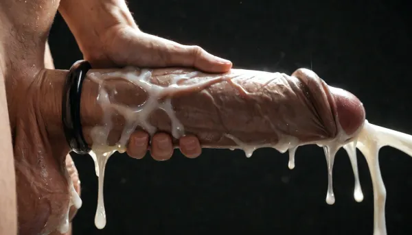 Close-up, (side view), (Macro photo), (close up), white man with a huge erection, 25 inch penis, black rubber cock ring, masturbating, handjob, big shaved testicles, excessive cum dripping from his penis, excessive cum on balls, projectile cum, ejaculation, black background.