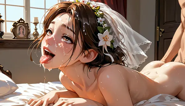 ((20yo)), absolutely perfect face, wedding dress, perfect thick body, short dark brown hair, extremely slutty, fucked, (((not a single inch of her face is visible as she is soaked in thic saliva))), ((face entirely covered by saliva)), ((extreme saliva on face)), ((thick saliva on face)), ((sloppy saliva on face)), ((saliva bubbles)), ((extreme saliva on hair)), doggystyle, on messy bed, detailed background, hardcore doggystyle, enjoying, smiling, looking at the cock, tongue all the way out, going crazy, extreme pleasure, perfect slim body, small breast, horny, playful, (naked), tits showing, (extremely submissive), (messy), (saliva), side view, score_9, score_8_up, score_7_up, score_6_up, (j_cartoon:1.5), sanpaku, heart-shaped, pupils, <lora:samdoesarts1.1-000030:.4>, <lora:J_cartoon:.4>, <lora:Animated_Concept:.4>, <lora:763451_training_data:1.1>, <lora:heart-shaped_pupils_xl_v1:.8>