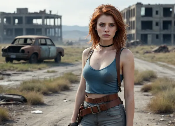 `Post-apocalyptic wasteland with crumbling city ruins overgrown with weeds, cracked asphalt road littered with abandoned rusty cars, (broken windows, decayed interiors), a desert ranger woman in tattered dusty clothing, (frayed leather straps, torn fabric belts, weathered boots, dirt-smudged skin), searches through the wreckage with fierce amber eyes and wind-tousled auburn hair, her practical yet ragged attire subtly accentuating her curves, desolate field stretching to the horizon under a foggy sky, distant zombies shambling near collapsed buildings, 8k resolution, hyperrealistic details, cinematic HDR lighting, anti-aliasing, depth of field focusing on her determined expression and the debris, (bent metal, scattered papers), photorealistic textures, (rust, cracked concrete, weathered surfaces), ray-traced shadows, volumetric fog, ambient occlusion, cold blue-gray color grading with muted accents, lossless PNG format, no pixelation, no compression artifacts.`