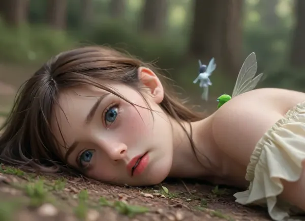 Scene takes place in an enchanted forest, ((slender)), Girl lays on the ground, dazed, confused, (3, evil, tiny fairies, tear the girls clothes off)