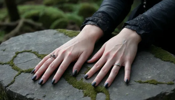 **Description for the generator, ** The hand of a Gothic priestess, as if carved out of marble and shadow, rests on a leaning tombstone. Long fingernails, painted black with peeling varnish, touch moss that has sprouted through cracks in the stone. Ritual scars are visible on the wrist, intertwined with obsidian amulets on leather laces. His fingers, decorated with a silver ring in the shape of a raven, rest on the names carved on the slab, as if reading forgotten stories. Tiny quartz crystals are stuck between her fingernails, and beneath her skin is a thin network of veins that glow with a cold blue light. The drapery of golden fabric draped around the forearm contrasts with the somber background, mist swirls around the arm, where sparks of enamel fire flicker. Moonlight filtering through the clouds highlights the glitter of black nails and silver pendants, and deep in the shadows you can see the outlines of bones showing through the moss. Every detail — from the cracks in the stone to the glints on the amethysts in the rings-conveys the tension between the sacred and the sinister, the sensual and the destructive.