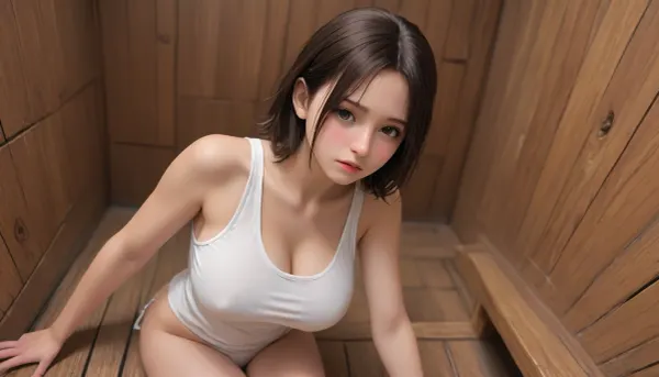 a drawing of a woman, brunette with a fringe, one piece sarong, long single pony tail hair, cut leg, ((submissive)), ((lovely)), (((brown wild hair with sidelocks))), (((full body view))), (((high detailed legs))), (((high detailed fingers))), ((very much want have sex)), (love juice:1.4), ((high detailed pores on skin)), well-build body, (big breasts:1.6), small lips, lots of freckles face and skin, blush on the checks and nose, (wearing white tank top and thong:1.5), (raised nasal tip, upturned button nose, upturned nose, delicate nose, nose), hypnotized loving yellow brown eyes, brown wild wet hair with sidelocks, skin exposure, detailed but rough, sketches, detailed sketch, rough sketch, old sketch, sketch art, detailed penciling, matte sketch, highly detailed sketch, sketches wide angle view, realism, sauna, pgsprnc, woman, <lora:samdoesarts1.1-000030:.2>, <lora:J_cartoon:.2>, <lora:Animated_Concept:.2>
