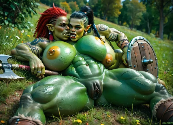2 female warrior orcs, lesbians naked, sucking her vagina, laying down in battle field, sucking on her tits, ork sucks her tit, ((((very green skin))), very muscular, huge natural breasts, very long red hairs, in a battle field, huge axe in her hand, pierced nipples, fangs out, orc fangs, sexy orc face, bigs golden nipples rings, a lot of piercings, pierced clitoris, a lot of orcish tattoos, naked, oily skin, big pussy, piercing, ring, Orc, Shaman, (Orc girl:1.3), (orc face:1.3), (green skin:1.6), axe, and, shield), uberfit, muscular, athletic, <lora:uberfit_lora_sdxl:.5>