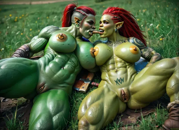 2 female warrior orcs, lesbians naked, sucking her vagina, laying down in battle field, sucking on her tits, ork sucks her tit, ((((very green skin))), very muscular, huge natural breasts, very long red hairs, in a battle field, huge axe in her hand, pierced nipples, fangs out, orc fangs, sexy orc face, bigs golden nipples rings, a lot of piercings, pierced clitoris, a lot of orcish tattoos, naked, oily skin, big pussy, piercing, ring, Orc, Shaman, (Orc girl:1.3), (orc face:1.3), (green skin:1.6), axe, and, shield), uberfit, muscular, athletic, <lora:uberfit_lora_sdxl:.5>