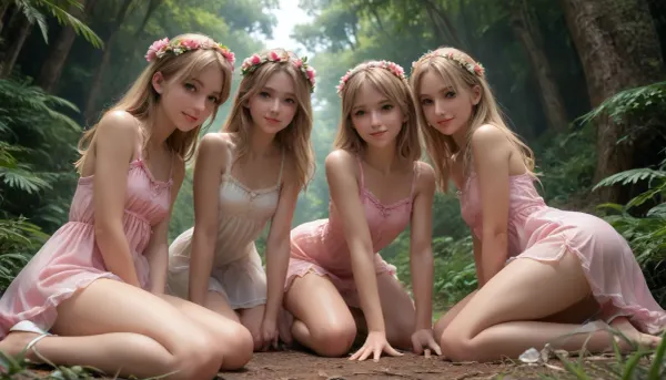 russian 18. three woman, long blonde hair, smiling face, kneels on all fours, view from side below, jungle, pink flower crown, Long, Labia, Meaty, <lora:260797_training_data:.5>, flat, chested, <lora:flat_chested_v3.5:.5>, lift up, sheer, diaphanous, dress, <lora:xl_diaphanous_dress-1.0:.5>, cum, in, cumdrip, <lora:sdxl-creampie-v02-e99:.5>