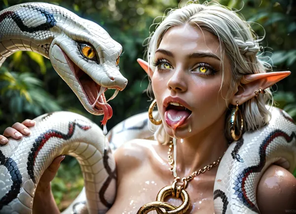 hydra snake monster and a white elf princess, snake sex with elf, snakes fuck pussy, snakes fuck elf, oly body, shiny body, snakes wraping around her body, snakes squeezing her boobs, drooling snakes, cum dripping snakes