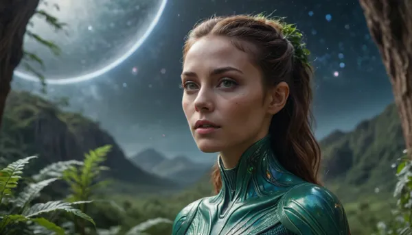 space, stars, incredible landscape, lots of greenery, beautiful alien woman