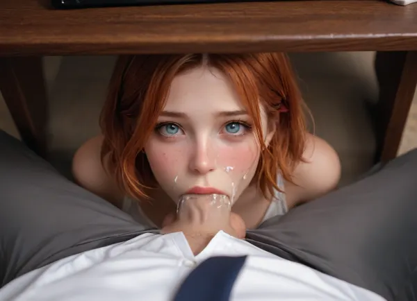 office, sneaky deepthroat balls deep hidden under the table, cock worshipping whore, cute redhead, drool over his pants and her tits, freckles, cum on face, eyes rolling. hands behind her back. third person perspective over his shoulder