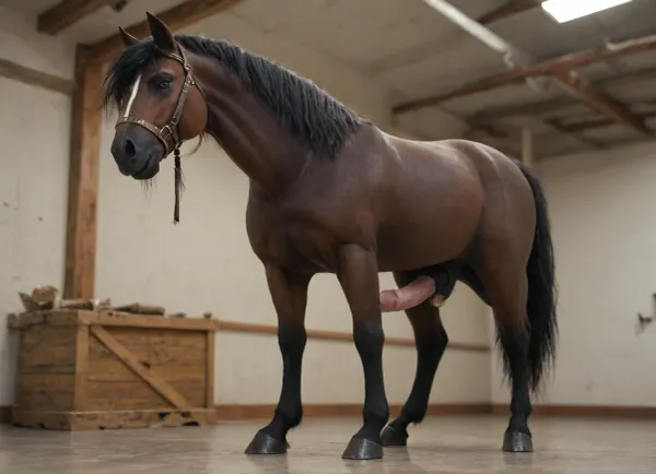 Large black shire stallion horse wide angle full body shot side on, large equine penis large horse cock erect horse hard dick, black fur, black horse