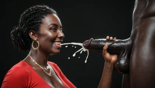 (milf:1.3), black african woman, curvy, absolutely black skin, deep ebony skin, African, Nigerian, Nubian, (((absolutely black skin))), red spandex top, extremely short shaven black hair, medium view, black room, black background, black floor, close-up of her mouth, the eyes are smiling, 1 white man with a huge 17 inch penis, big testicles, handjob, (ejaculation:1.5), .