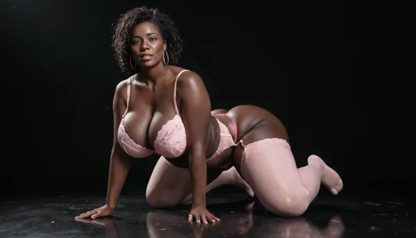 (milf:1.2), voluptuous, obese black african woman, absolutely black skin, deep ebony skin, African, Nigerian, Nubian, (((absolutely black skin))), flat belly, kneeling on the floor, medium view, behind view, messy hair, dark room, black background, black floor, 1980s porn style photo, (beautiful face, perfect eyes:1.2), eyes open, (milf:1), thick, wide hips, black room, (huge breasts:1), (massive ass:1.2), (wide_hips), collarbone, (pink leather bra, pink leather thong, pink stockings, pink garter belt, with straps), solo_focus, sensual, seductive, parted lips, looking at the viewer, black background.