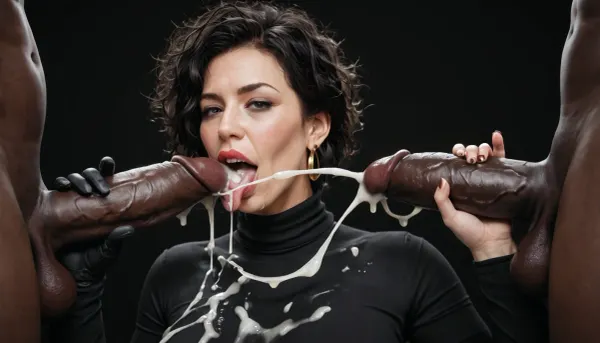 white curvy woman, (milf:1.3), extremely long black hair, messy hair, dark eyes, black jumpsuit with turtleneck, wearing black gloves. licking the head of a massive cock of a black african male, with a gigantic thick 25 inch penis, huge erection, handjob, grabbing the back of her head, cumshot on tongue, (ejaculation:1.2), excessive cum on body, cum on tongue, cum dripping from tongue, black room, black background.