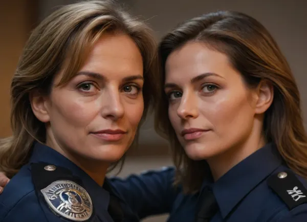 two women, attractive german policewomen, 50-years old, beautiful faces, various length of hair, hugging, front view