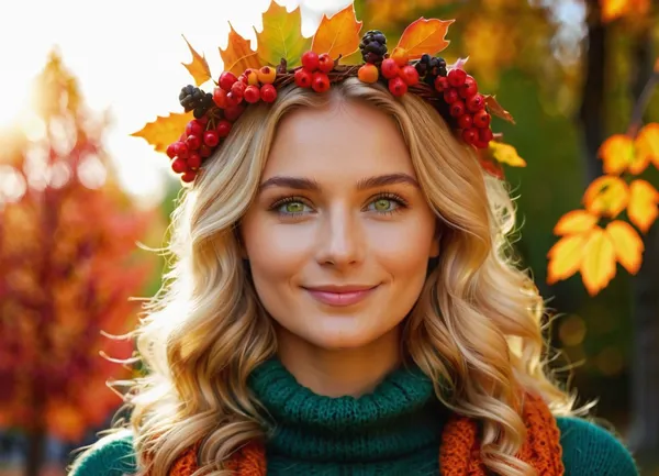 (Close-up portrait of a young woman with a vibrant autumn leaf wreath on her head), (blonde wavy hair), (bright green eyes), (soft smile), (red knitted sweater), surrounded by, (blurred autumn foliage and orange berries), in the background., (Warm golden hour lighting), (soft dappled sunlight), (bokeh effect), (shallow depth of field), . Natural composition, outdoor setting, fall season, autumnal colors, happiness, serene expression. Professional photography, sharp focus on face, detailed texture., NEGATIVE_HANDS