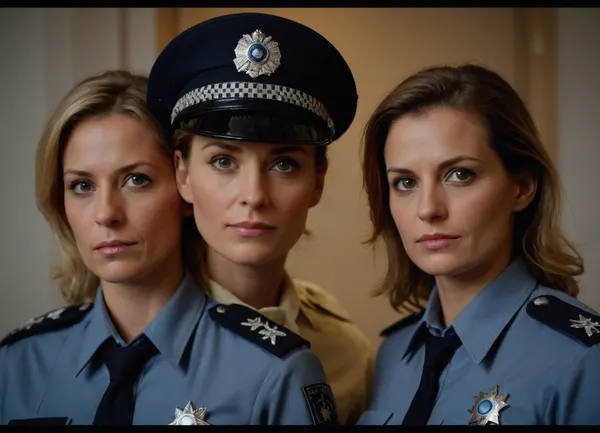 two women, attractive german policewomen, 50-years old, beautiful faces, various length of hair, having sex, front view