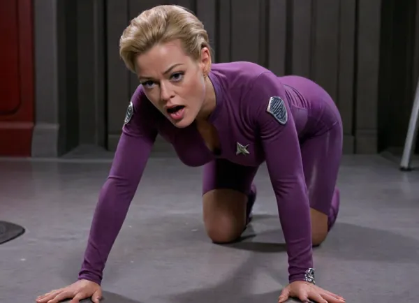 blonde seven of nine in spaceship, on all fours, device at the temple, short hair, mouth open wide, in purple uniform, breasts cut out, side view, full body view, full view, Seven, of, Nine, <lora:yursrp18e390f0b16m853:.8>, breasts, cutout, clothing, nipples, <lora:2BoutOvalSDXL2-000002:.8>, all, fours, <lora:crawling_xl_1e-4:.8>